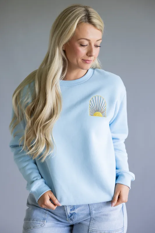 Simply Southern Embroidered Dilara Be The Light Crewneck for Women in Light Blue | PP-0225-CRW-DILARA-LIGHT sold by Glik’s