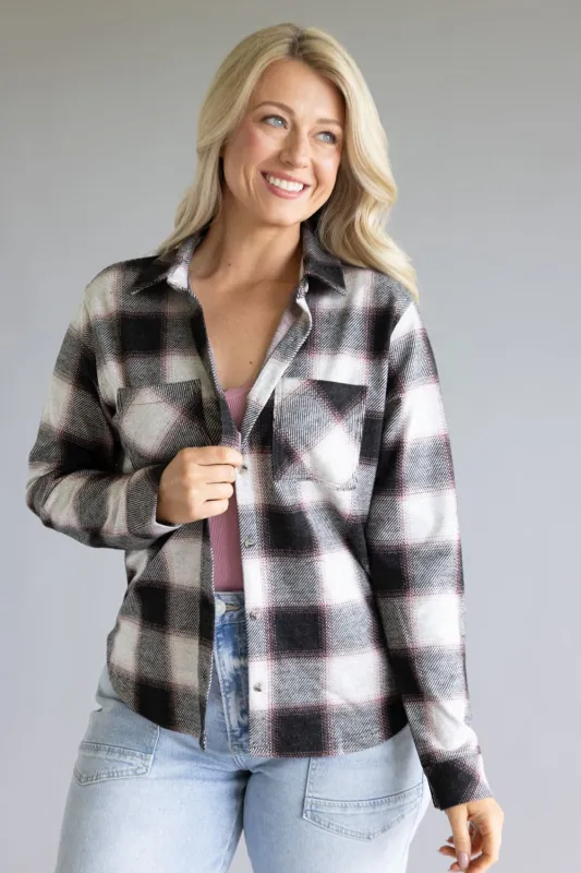 Thread & Supply Saja Button Up Shirt for Women in Black White Rose Plaid | T3822PVTS-WHITEROSEPLAID made by Thread & Supply