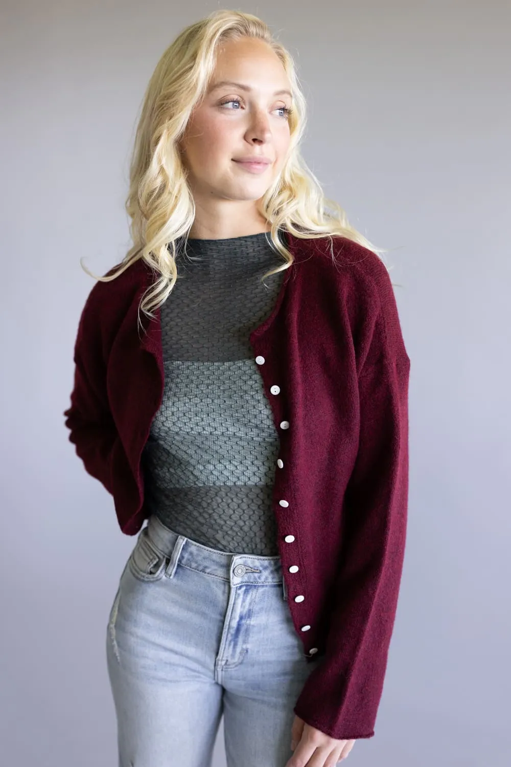 Mimosa Classic Lightweight Cardigan for Women in Burgundy | MK7091-BURGUNDY sold by Glik’s product image thumbnail 4
