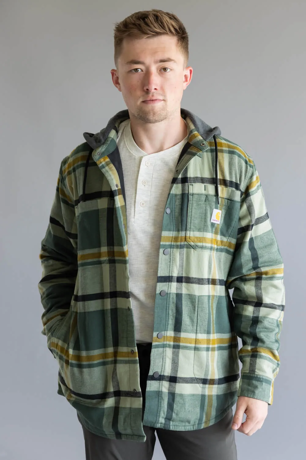 Carhartt Rugged Flex Relaxed Fit Fleece Lined Shirt Jacket for Men in Green Plaid | 107011-GI5 sold by Glik’s