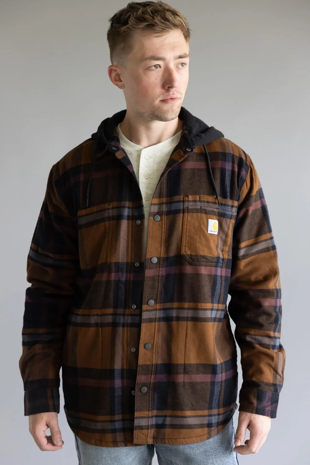 Carhartt Rugged Flex Flannel Fleece Lined Hooded Shirt Jacket for Men in Black/Brown | 107011-N04 sold by Glik’s product image thumbnail 4