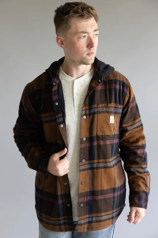 Carhartt Rugged Flex Flannel Fleece Lined Hooded Shirt Jacket for Men in Black/Brown | 107011-N04 sold by Glik’s