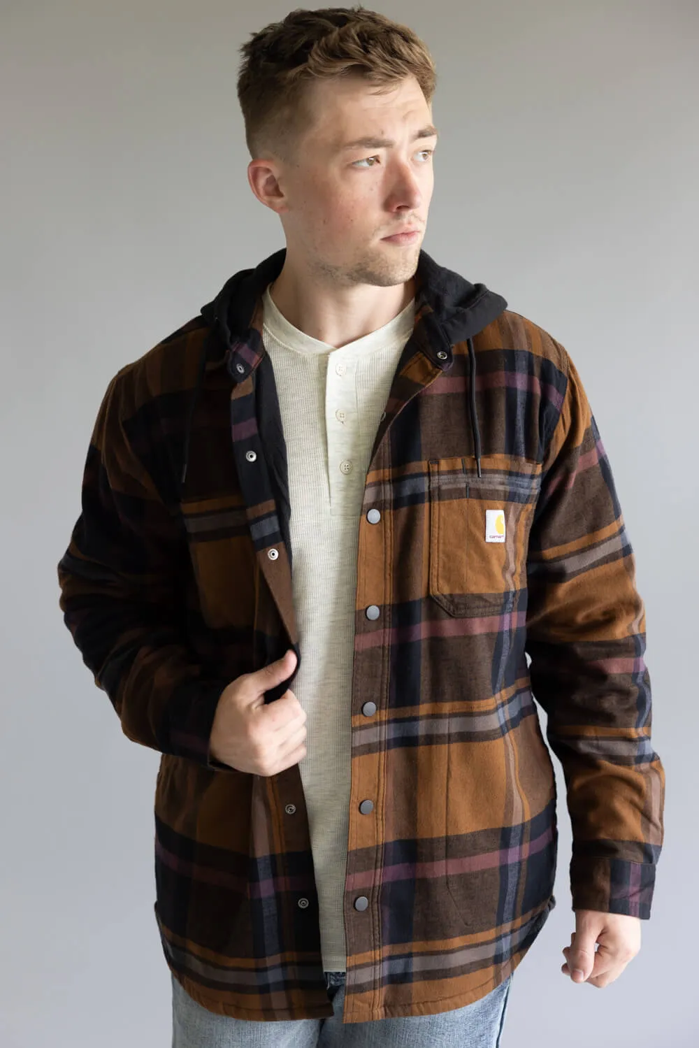 Carhartt Rugged Flex Flannel Fleece Lined Hooded Shirt Jacket for Men in Black/Brown | 107011-N04 sold by Glik’s