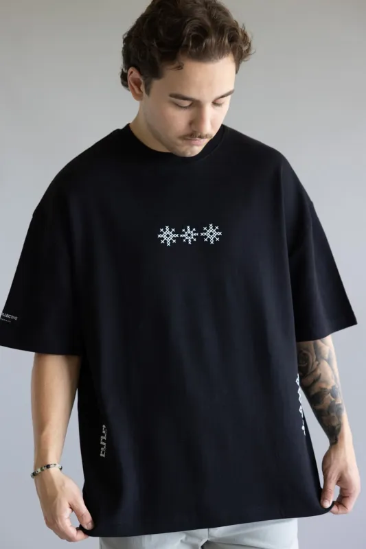 Denim & Flower White Geo Embroidered T-Shirt for Men in Black | CKTS-C492 made by Cactus