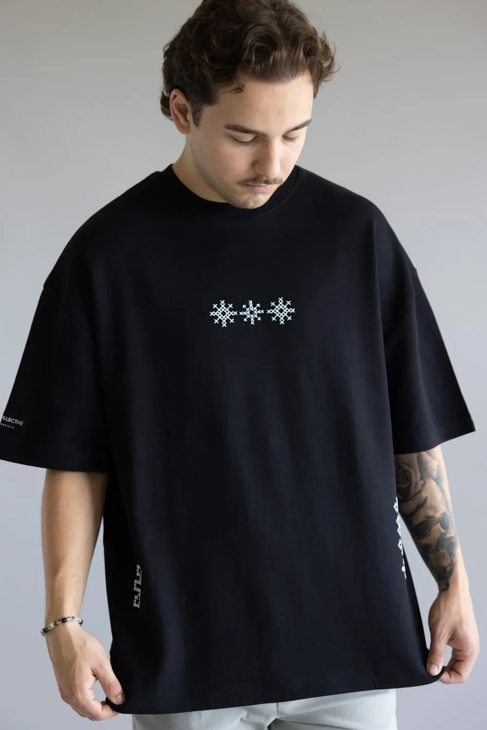 Denim & Flower White Geo Embroidered T-Shirt for Men in Black | CKTS-C492 sold by Glik’s