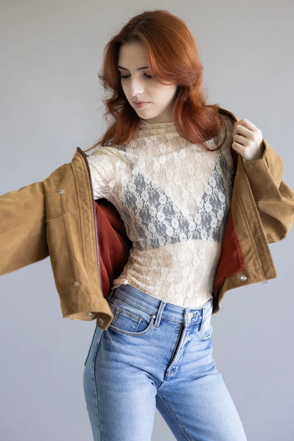 High Neck Lace Sheer Layering Top for Women in Champagne | NT12220-CHAMPAGNE sold by Glik’s product image thumbnail 2