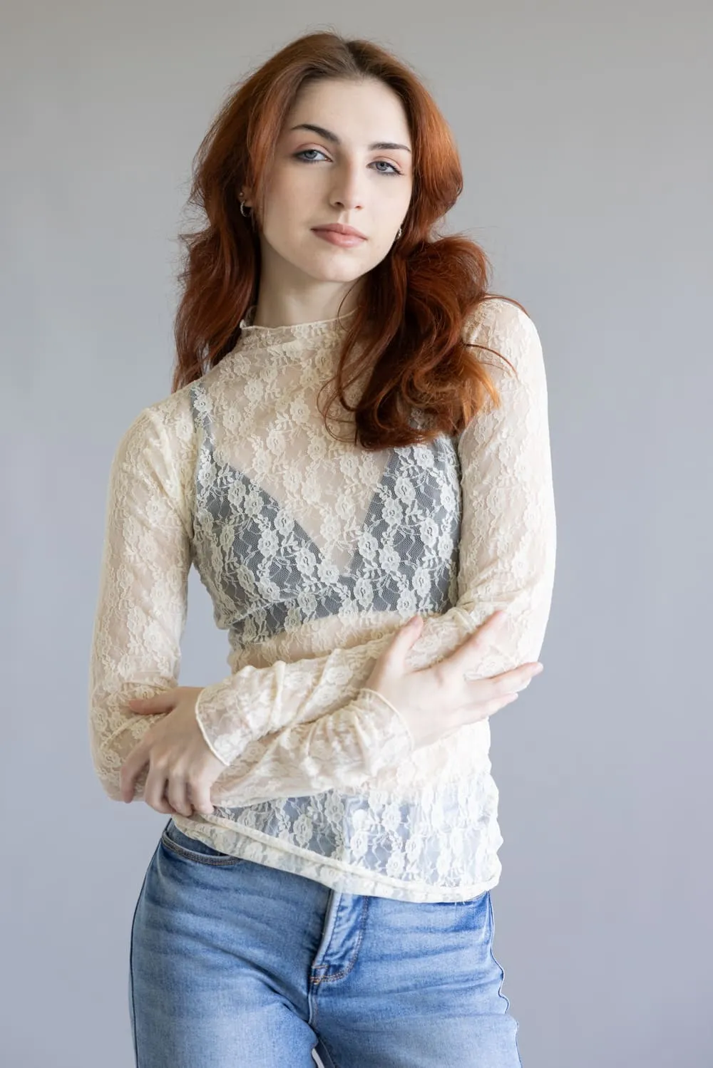 High Neck Lace Sheer Layering Top for Women in Champagne | NT12220-CHAMPAGNE sold by Glik’s product image thumbnail 5