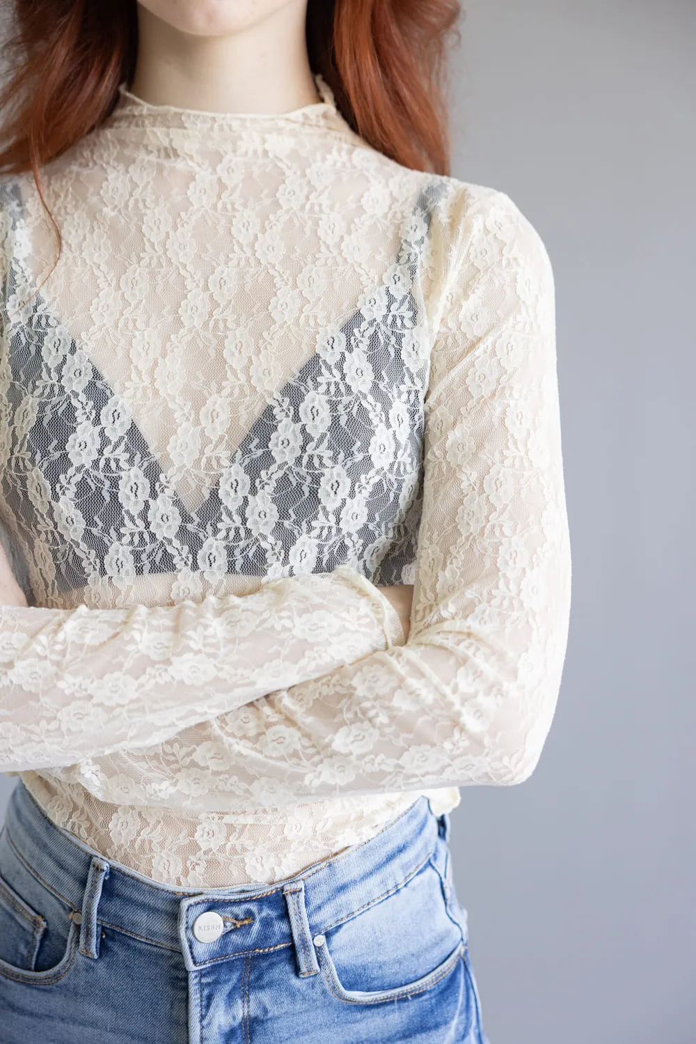 High Neck Lace Sheer Layering Top for Women in Champagne | NT12220-CHAMPAGNE sold by Glik’s product image thumbnail 3