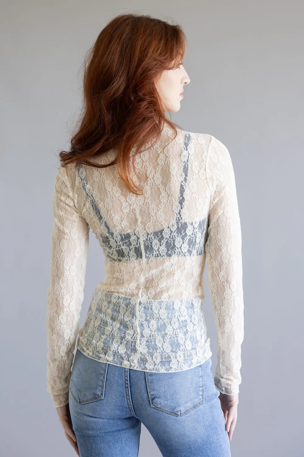 High Neck Lace Sheer Layering Top for Women in Champagne | NT12220-CHAMPAGNE sold by Glik’s product image thumbnail 4