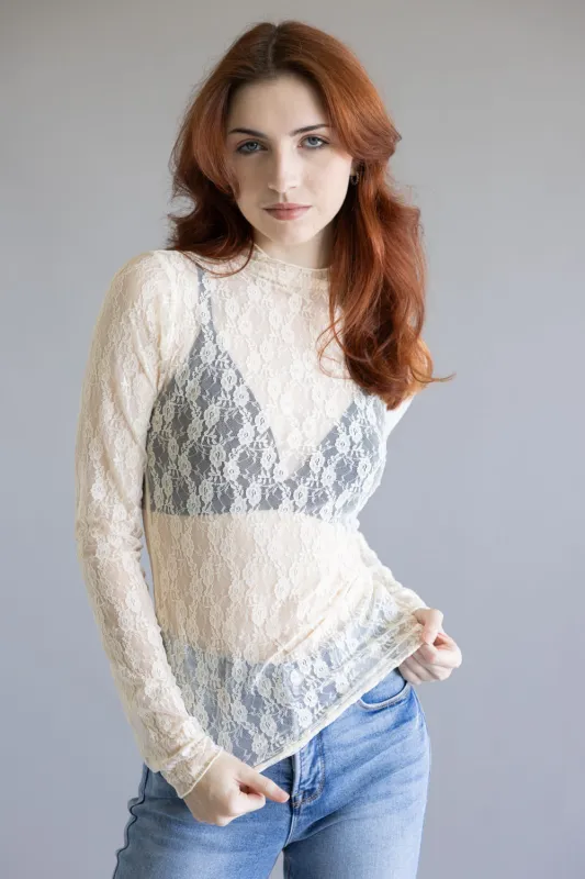 High Neck Lace Sheer Layering Top for Women in Champagne | NT12220-CHAMPAGNE sold by Glik’s