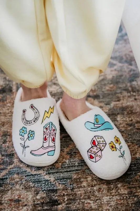 Cowgirl Patch Slippers for Women in White | KDC-SLPR-164-WHT sold by Glik’s