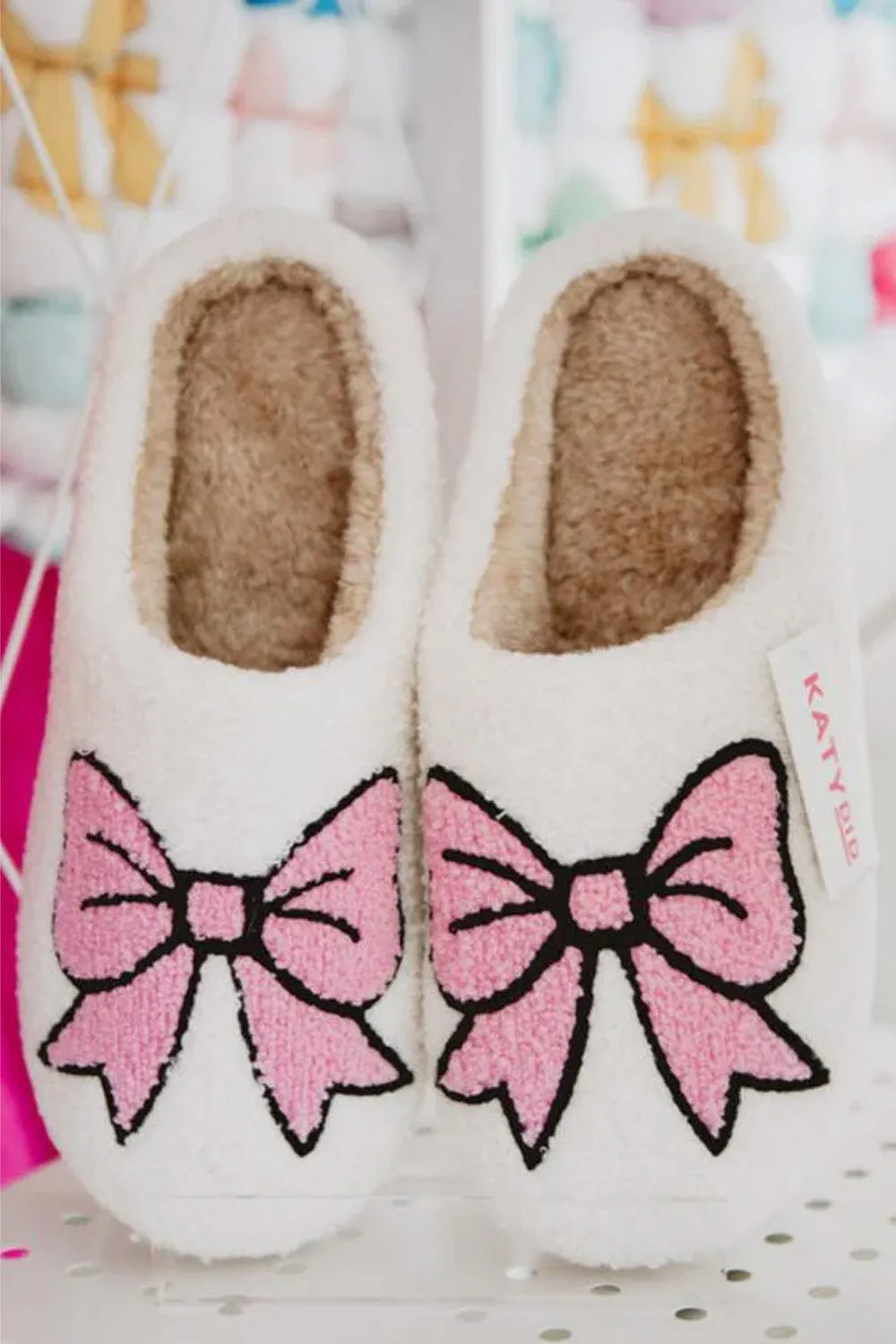 Pink Bow Slippers for Women in White | KDC-SLPR-149-WHT sold by Glik’s
