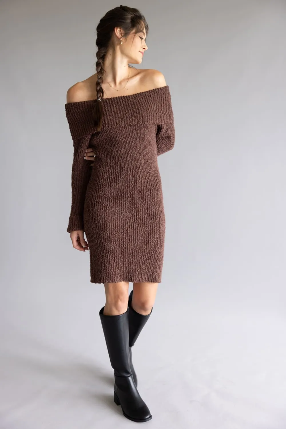 Illa Illa Off The Shoulder Knit Sweater Dress for Women in Brown | IM8665-BROWN sold by Glik’s product image thumbnail 4