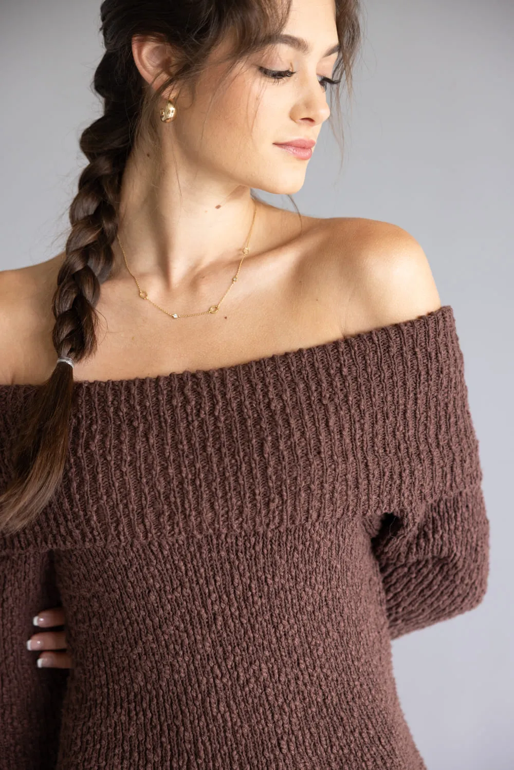 Illa Illa Off The Shoulder Knit Sweater Dress for Women in Brown | IM8665-BROWN sold by Glik’s product image thumbnail 3