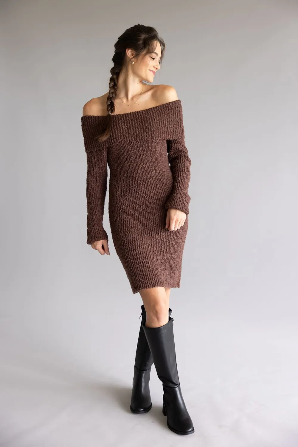 Illa Illa Off The Shoulder Knit Sweater Dress for Women in Brown | IM8665-BROWN sold by Glik’s