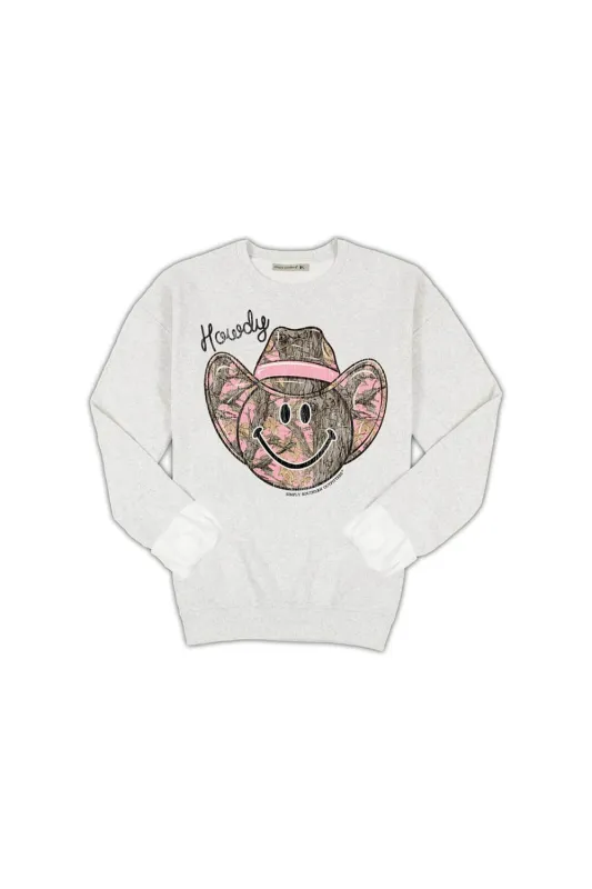 Simply Southern Youth Camo Smiley Face Crewneck for Girls in Grey | YTH-CREW-HOWDY-FLURRY sold by Glik’s
