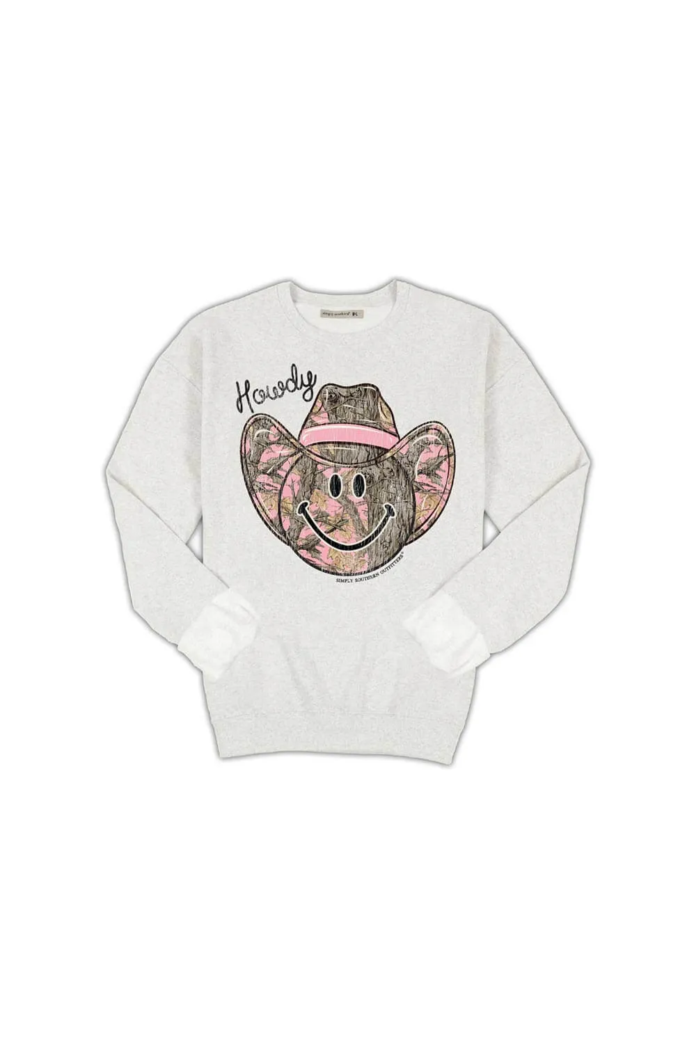 Simply Southern Youth Camo Smiley Face Crewneck for Girls in Grey | YTH-CREW-HOWDY-FLURRY sold by Glik’s