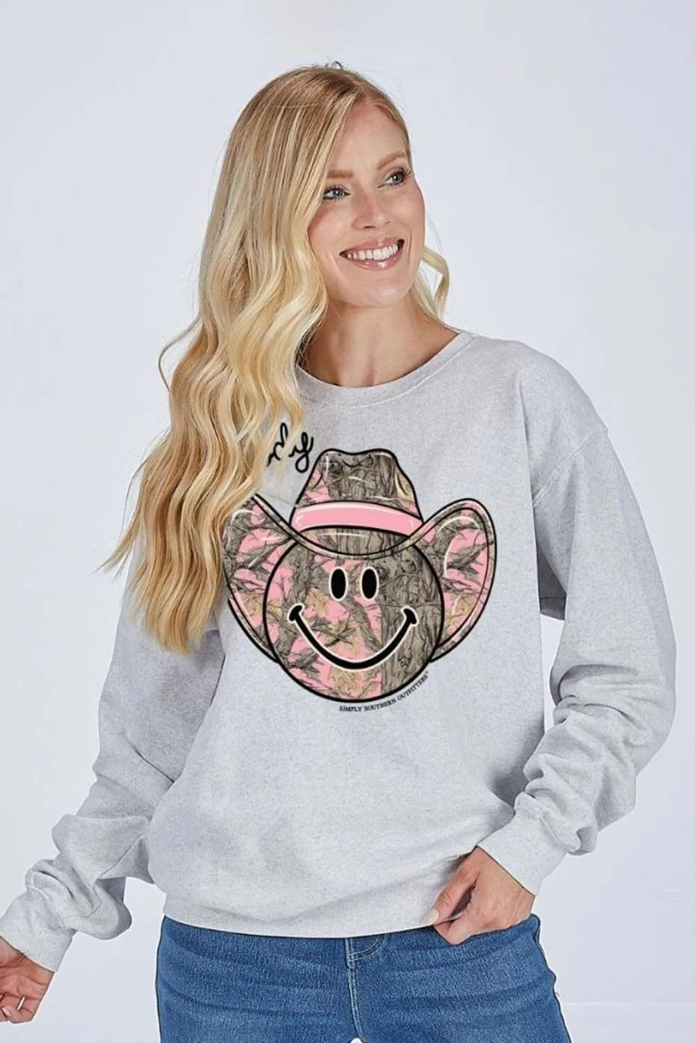 Simply Southern Camo Smiley Face Crewneck for Women in Grey | CREW-HOWDY-FLURRY sold by Glik’s product image thumbnail 3