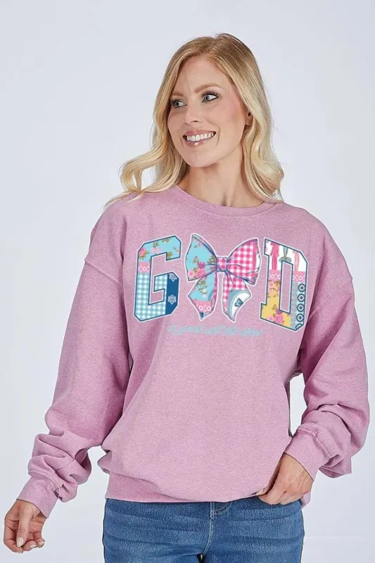 Simply Southern God Crewneck for Women in Pink | CREW-GOD-BBLGUM sold by Glik’s