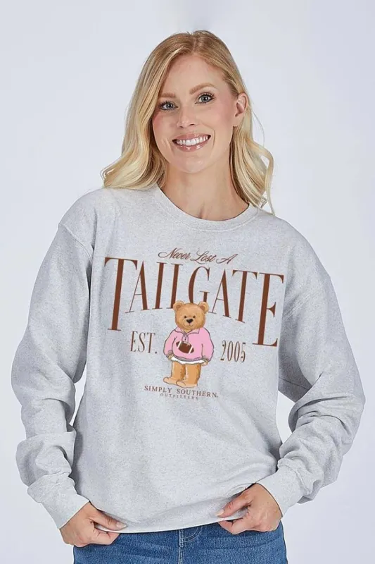 Simply Southern Tailgate Bear Crewneck for Women in Grey | CREW-TAILGATE-FLURRY sold by Glik’s