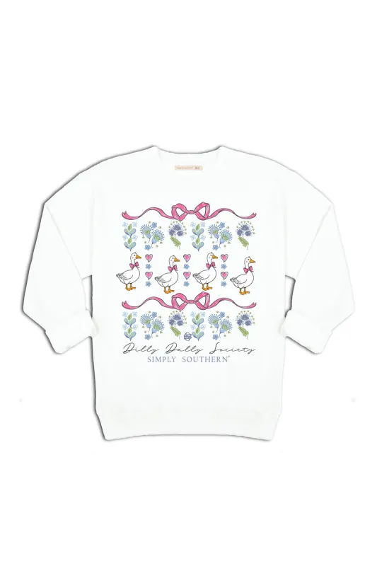 Simply Southern Youth Dilly Dally Goose Crewneck for Girls in White | YTH-CREW-DILLY-WHITE sold by Glik’s