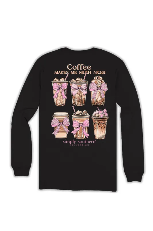 Simply Southern Plus Size Coffee Makes Me Much Nicer Long Sleeve T-Shirt for Women in Black | EXT-LS-NICER-BLK sold by Glik’s