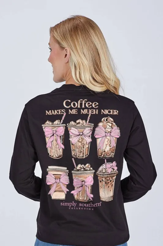Simply Southern Coffee Makes Me Much Nicer Long Sleeve T-Shirt for Women in Black | LS-NICER-BLK sold by Glik’s