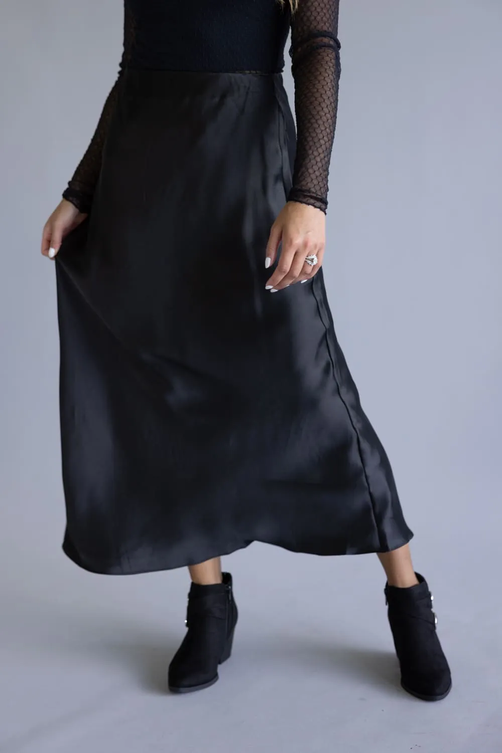 Elastic Waist Satin Maxi Skirt for Women in Black | DZ25F160-BLACK sold by Glik’s
