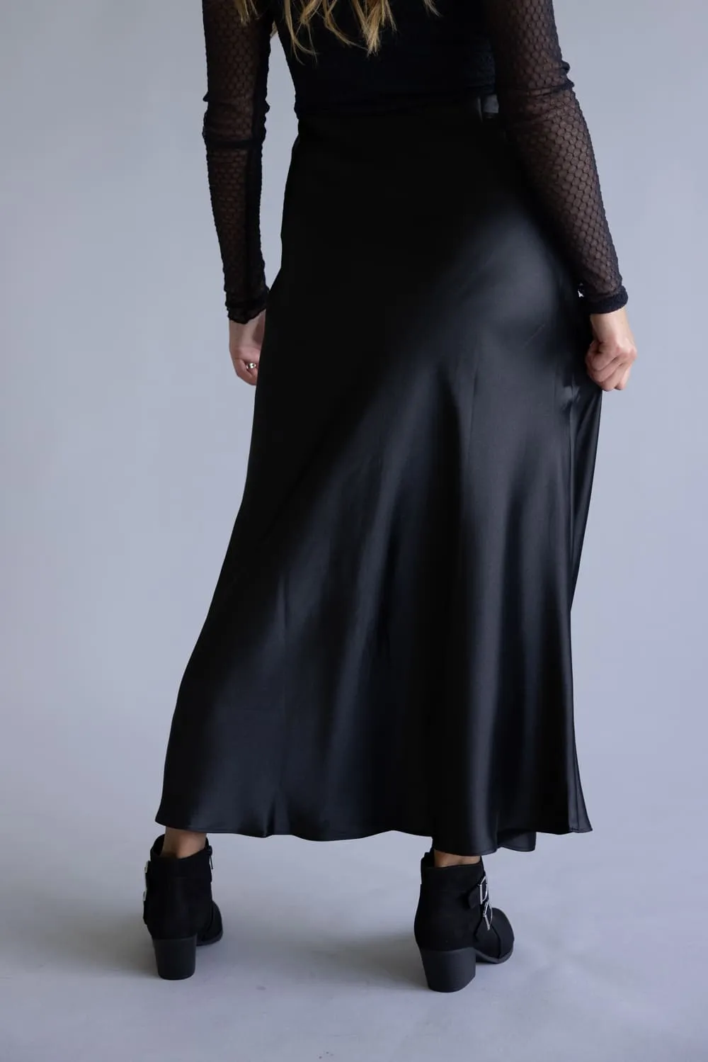 Elastic Waist Satin Maxi Skirt for Women in Black | DZ25F160-BLACK sold by Glik’s product image thumbnail 2