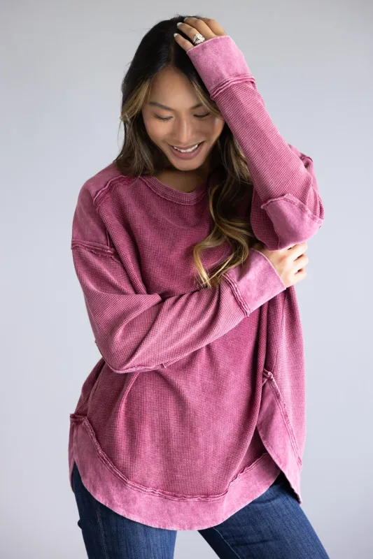 Mineral Wash Knit Top for Women in Burgundy | NT12234-BURGUNDY sold by Glik’s