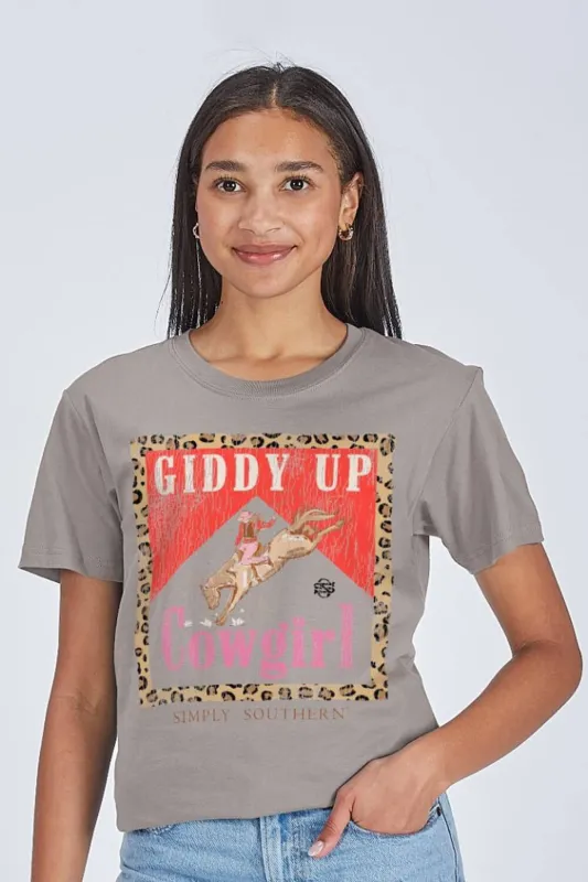 Simply Southern Giddy Up Cowgirl T-Shirt for Women in Grey | SS-COWGIRL-WSHSHDW sold by Glik’s