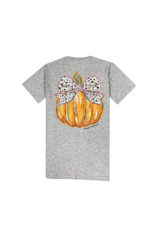 Simply Southern Youth Bow Pumpkin T-Shirt for Girls in Grey | YTH-SS-BOWPMPKN-STORMHTHR sold by Glik’s