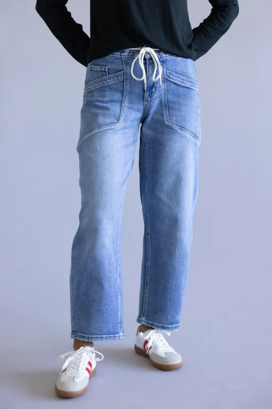 Vervet High Rise Wide Drawstring Barrel Jeans for Women | V3648 sold by Glik’s