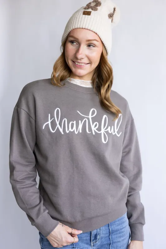 1897 Active Thankful Embroidered Fleece Sweatshirt for Women in Fossil | GT052-THANKFUL-FOSSIL sold by Glik’s