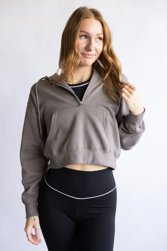 Half Zip Drawstring Fleece Hoodie for Women in Brown | JK359-FOSSIL sold by Glik’s