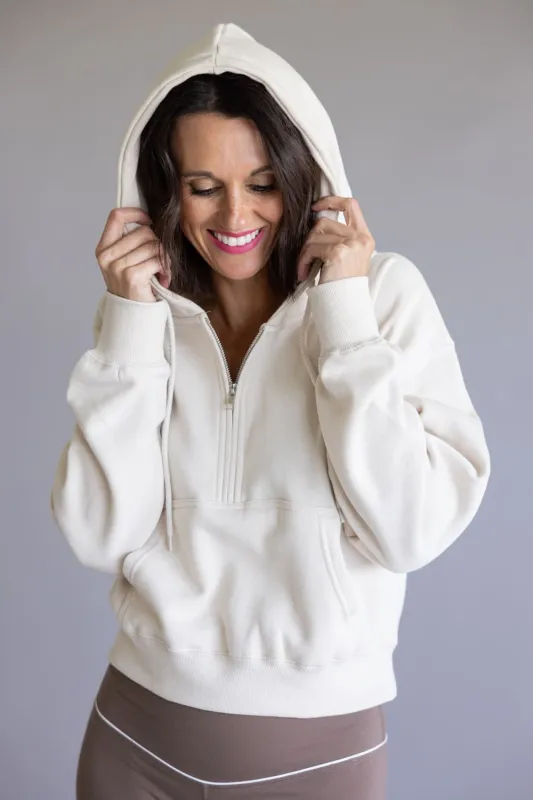 Half Zip Drawstring Fleece Hoodie for Women in Beige | JK359-BEIGE sold by Glik’s