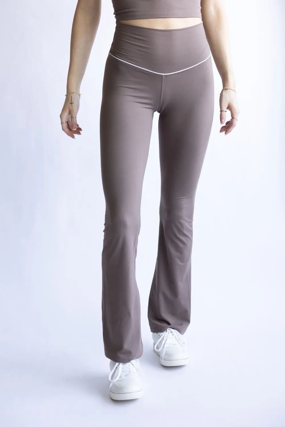 Love Tree Piping Detail Flare Leggings for Women in Mocha | 60061PN-MOCHA sold by Glik’s