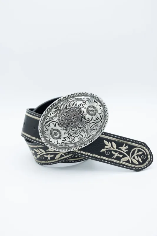 Large Circle Engraved Buckle Belt for Women in Black | 207216-BLACK sold by Glik’s