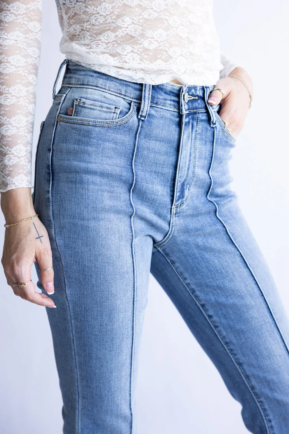 Judy Blue High Rise Pintuck Fray Hem Flare Jeans for Women | 82687REG sold by Glik’s product image thumbnail 4