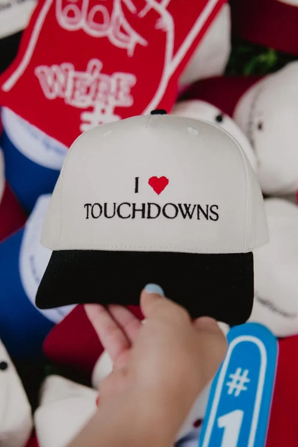 I Heart Touchdowns Trucker Hat for Women in Black/Tan | KDC-BC-1161-BLK-TAN sold by Glik’s