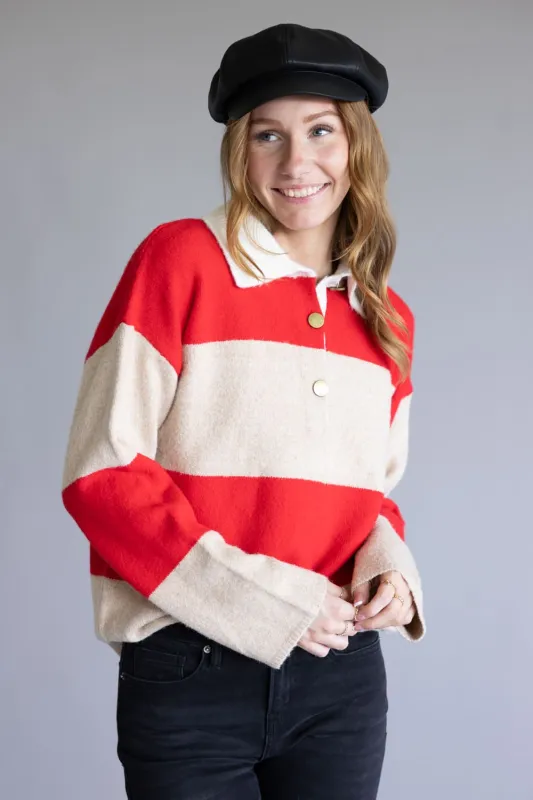 Striped Polo Sweater for Women in Cream/Red | AJT5047-TAUPERED sold by Glik’s