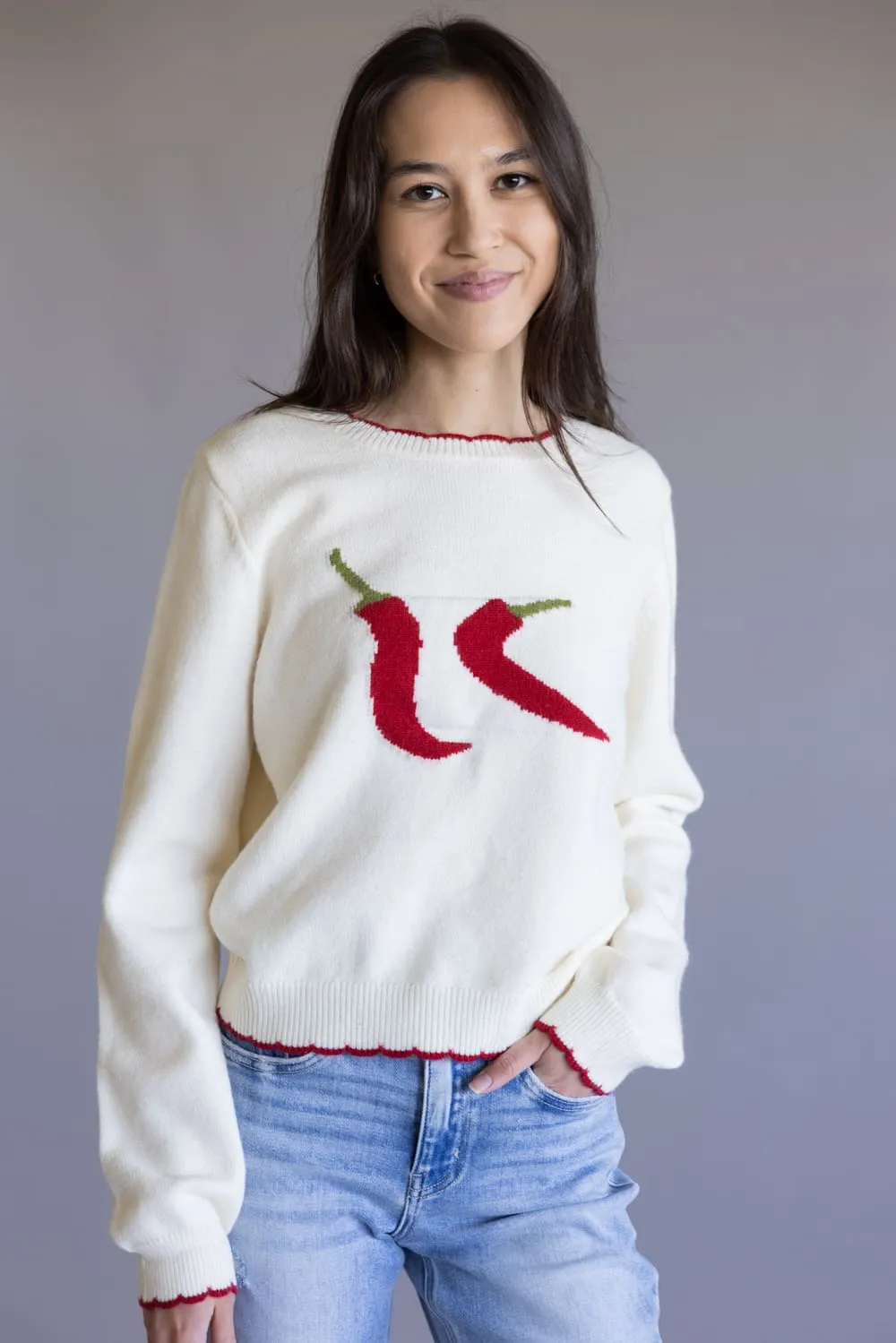 Red Chili Pepper Sweater for Women in Ivory | PST1730-1-IVORY sold by Glik’s
