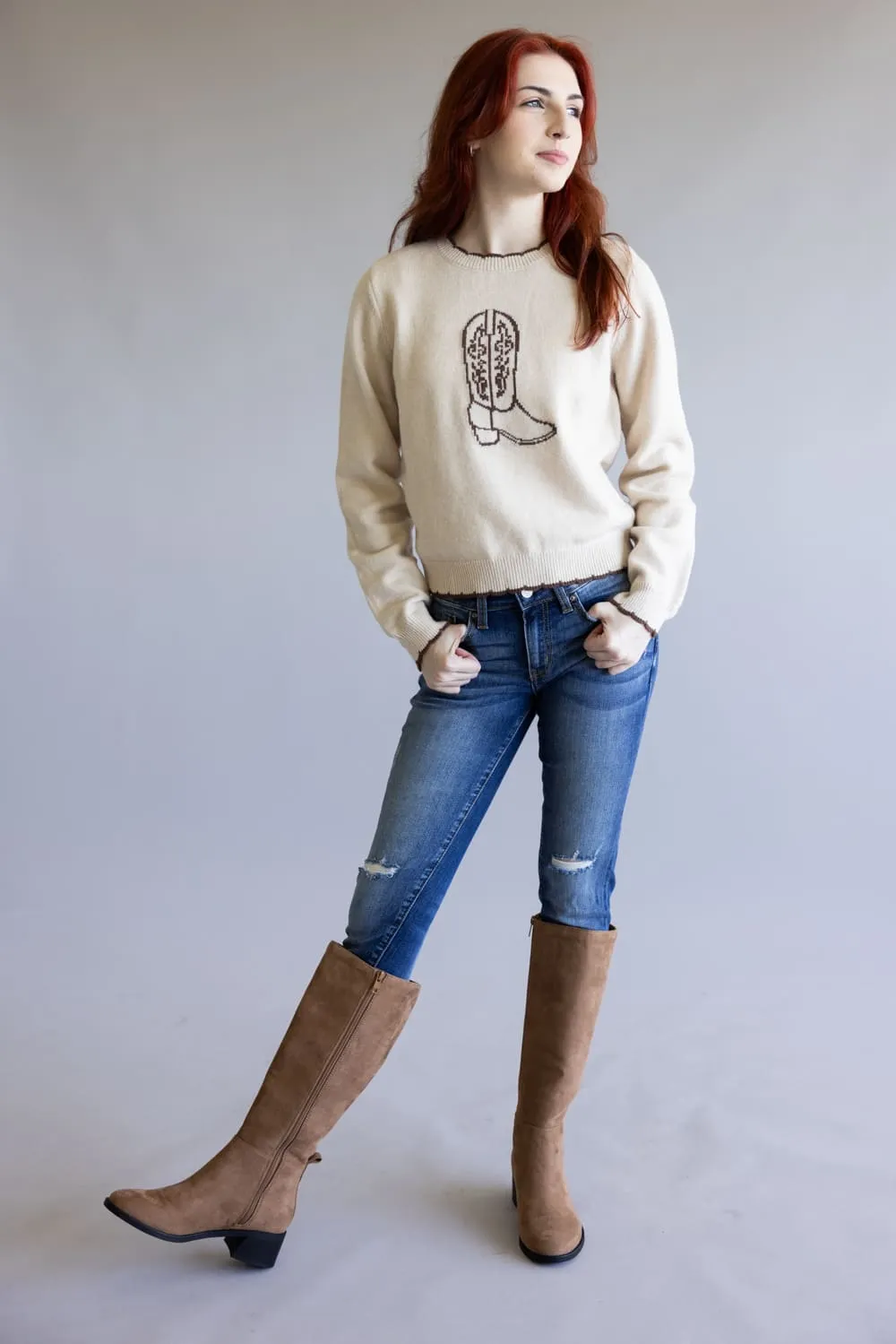 Cowboy Boot Sweater for Women in Brown | PST1730-SAND sold by Glik’s