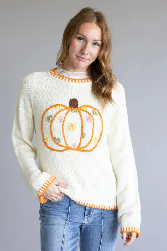 Embroidered Pumpkin Floral Blanket Stitch Sweater for Women in Ivory | JT1527-09-IVORY sold by Glik’s