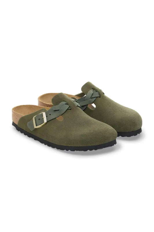 Birkenstock Boston Braided Suede Leather Clogs for Women in Thyme | 1030599 sold by Glik’s