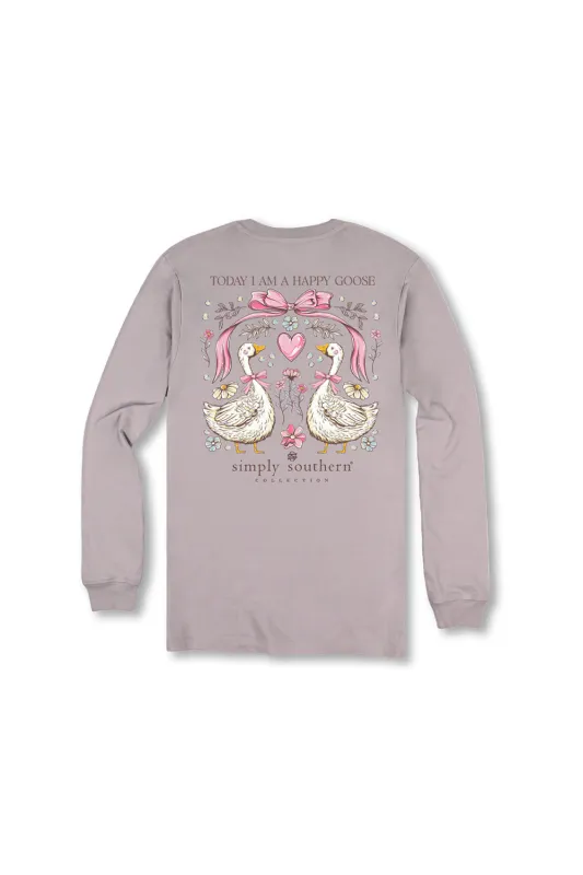Simply Southern Youth Happy Goose Long Sleeve T-Shirt for Girls in Grey | YTH-LS-HAPPYGOOSE-DRFTWD sold by Glik’s