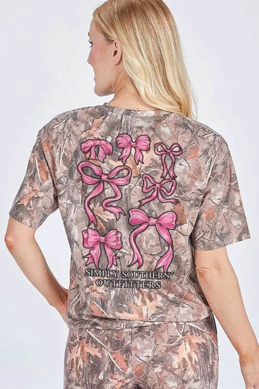 Simply Southern Camo Pink Bow T-Shirt for Women in Brown | SS-PNKBOWS-CAMO sold by Glik’s