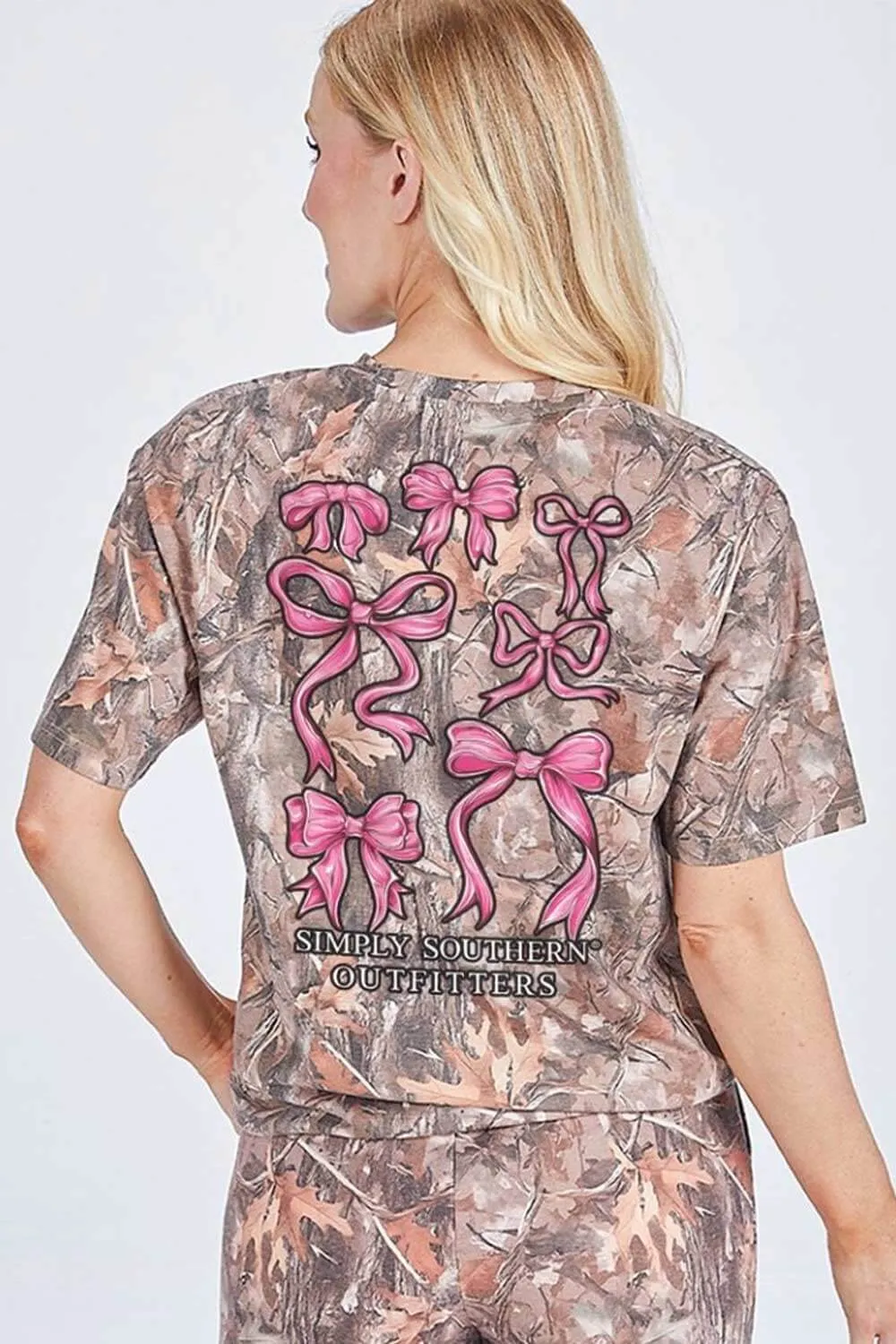 Simply Southern Camo Pink Bow T-Shirt for Women in Brown | SS-PNKBOWS-CAMO sold by Glik’s