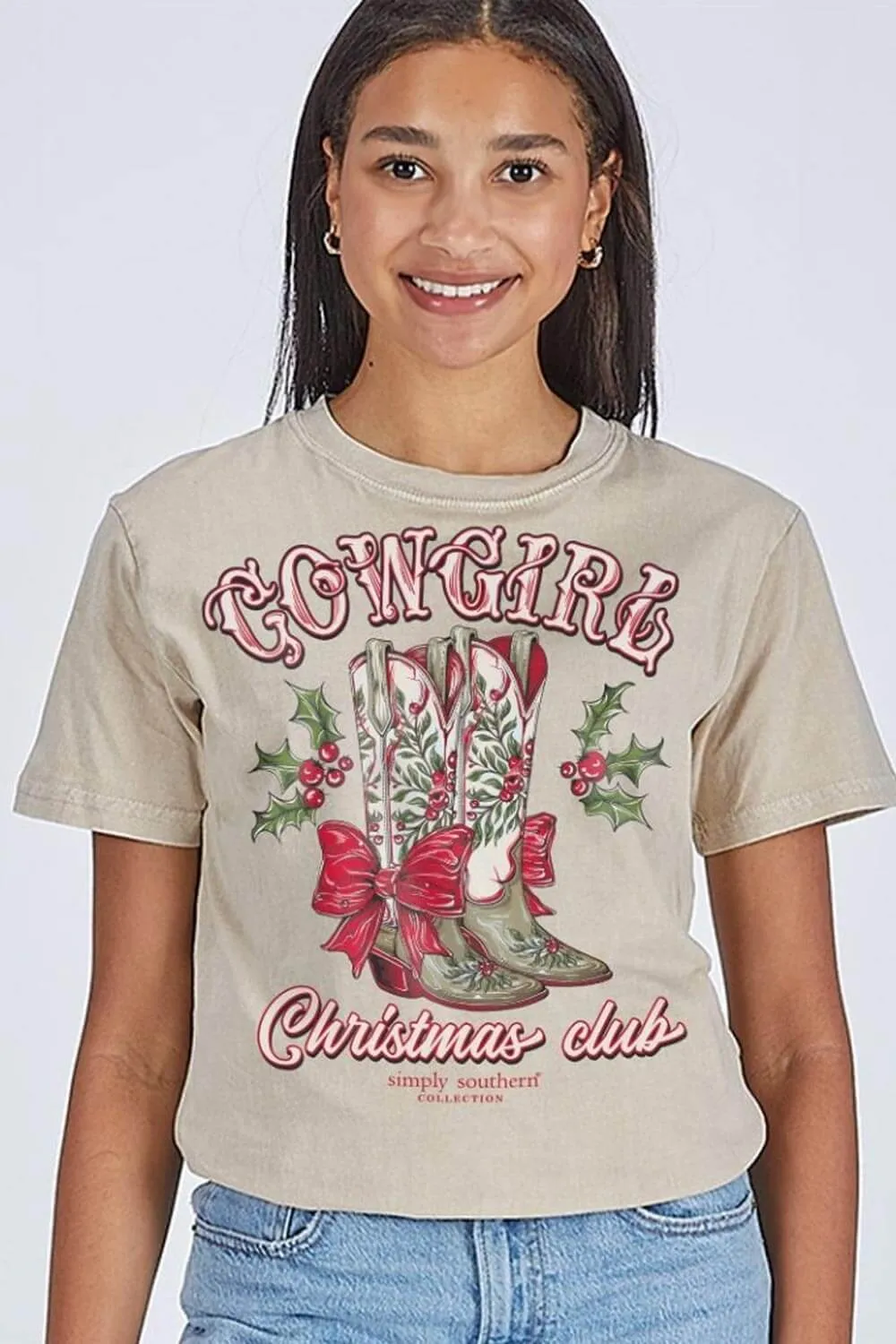 Simply Southern Cowgirl Christmas Club T-Shirt for Women in Beige | SS-HLDYBOOTS-WSHECRU sold by Glik’s