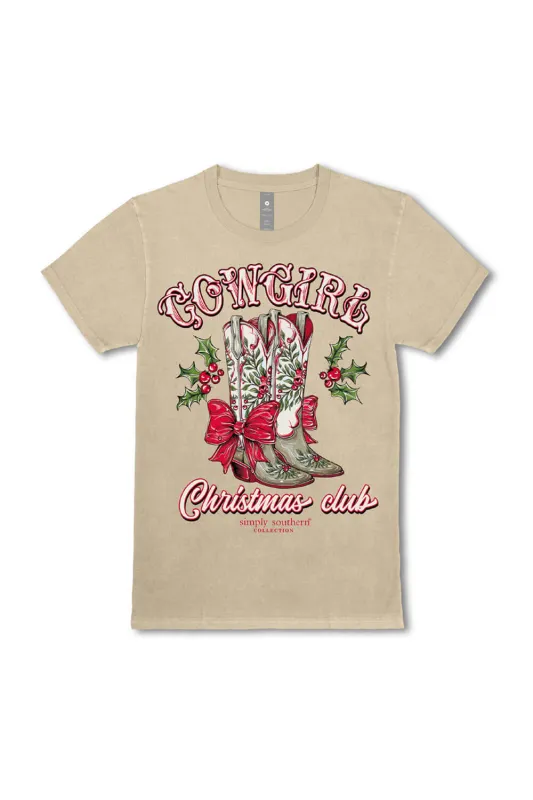 Simply Southern Plus Size Cowgirl Christmas Club T-Shirt for Women in Beige | EXT-SS-HLDYBOOTS-WSHECRU made by Simply Southern
